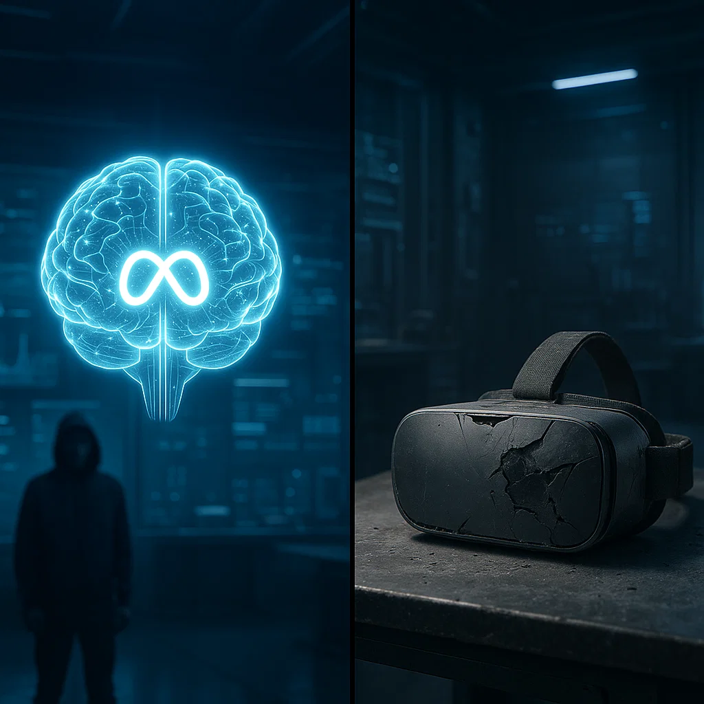 Meta AI vs Metaverse vision - Futuristic split image of AI and VR ambition