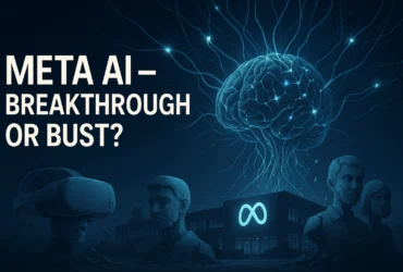 Meta AI vs Metaverse failure thumbnail - futuristic AI brain and broken VR