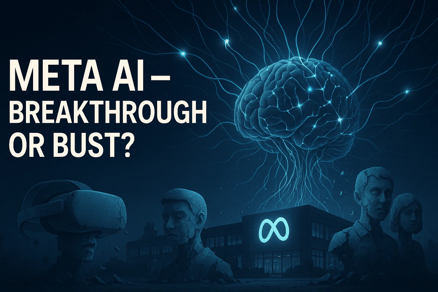 Meta AI vs Metaverse failure thumbnail - futuristic AI brain and broken VR